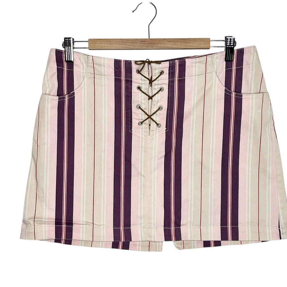 Xhilaration Vintage Y2K Lace Up Mini Skirt Womens Juniors Size 13 Striped Preppy